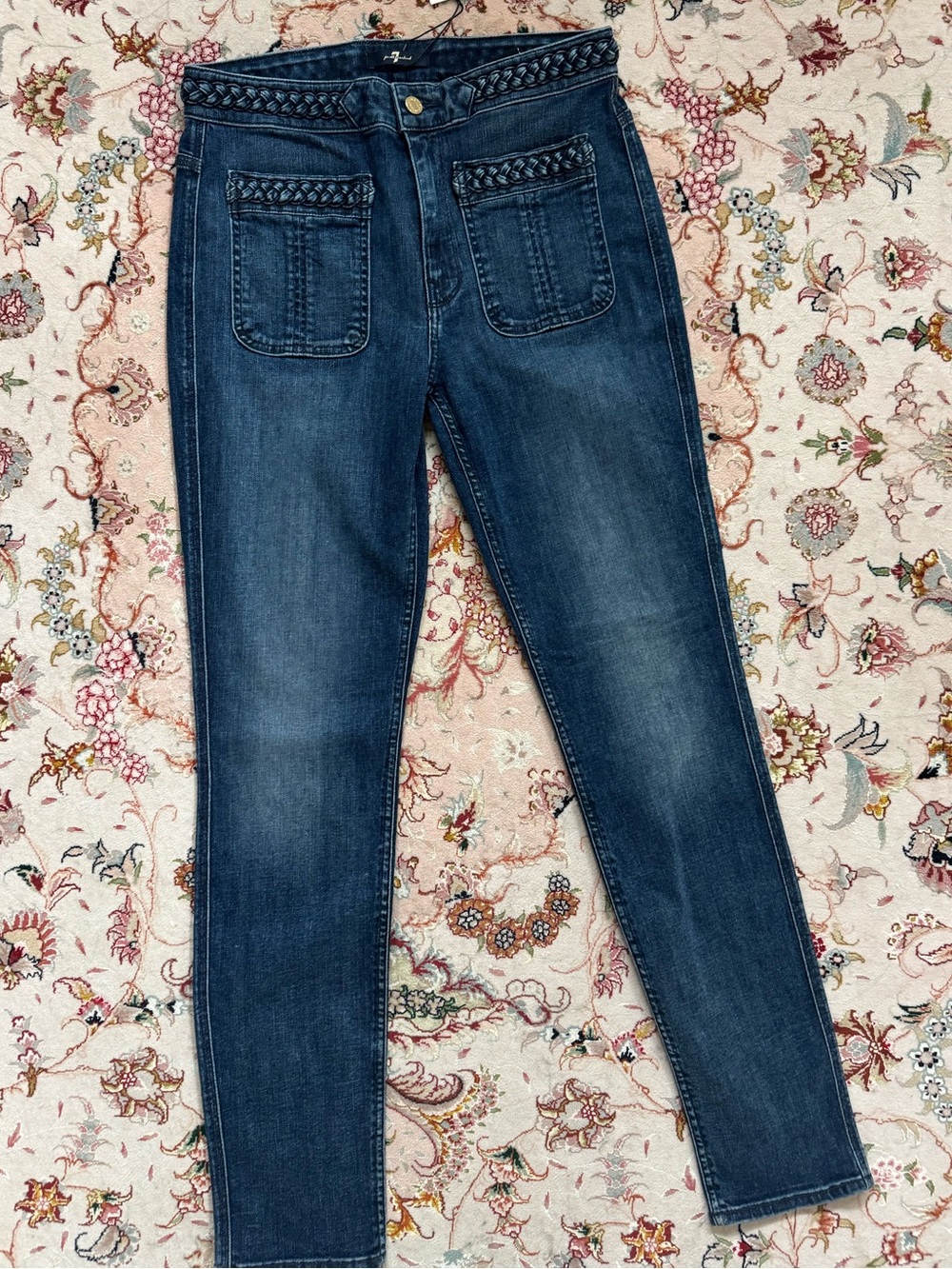 7 For All Mankind Dark Blue Braided-Waist Skinny Jeans